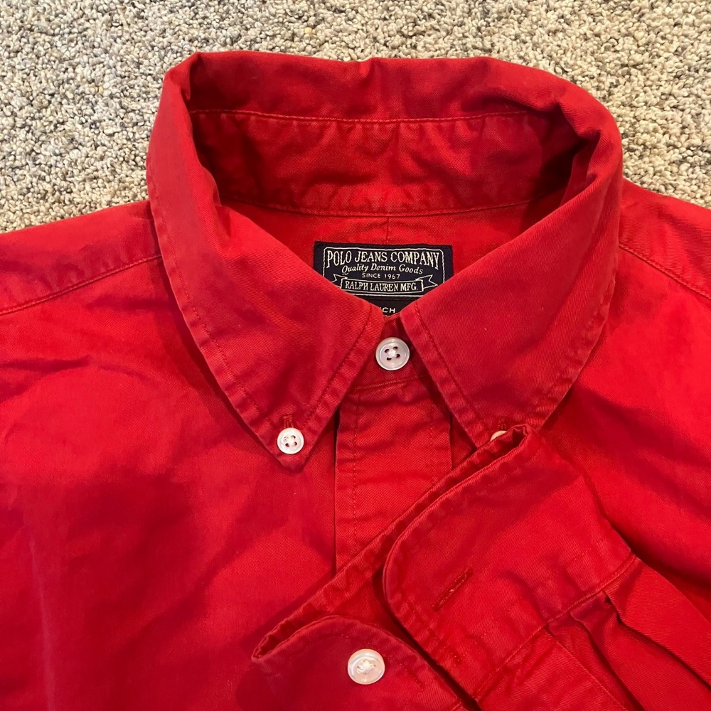 VTG Polo Jeans Co Ralph Lauren Mens S Red Cotton Button Down Long Sleeve Shirt
